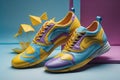 a pair of yellow and purple sneakers on a blue background. generative ai