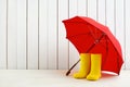 A pair of yellow rain boots and a umbrella on white wooden background
