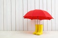 A pair of yellow rain boots and a umbrella on white wooden background Royalty Free Stock Photo