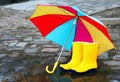 Pair of yellow rubber boots with an open umbrella