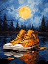 Pair Of Yellow Sneakers On A Reflective Surface