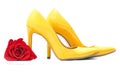 A pair yellow of  women`s heel shoes with red rose isolated on white background Royalty Free Stock Photo