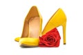 A pair yellow of  women`s heel shoes with red rose isolated on white background Royalty Free Stock Photo