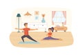 Pair yoga at home. Man doing balance position, woman exercising