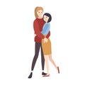 Pair of young happy women dressed in casual clothing, standing together, hugging and smiling. Lesbian couple. Flat