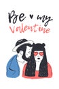 Pair of young hipster man in hat and woman in heart sunglasses hand drawn on white background and Be My Valentine Royalty Free Stock Photo