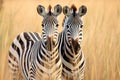 pair of zebras standing side by side in a savannah