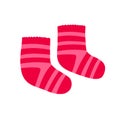 Paire of striped red and pink knitted socks. Flat vector illustration isolated on white.