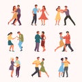 Paired dancing set. Woman with man circle passionate cuban rumba teens rock quickstep stylish male female characters Royalty Free Stock Photo