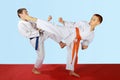 Paired exercises performed by athletes with blue and orange belt