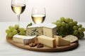 Pairing of Fine White Wine, Assorted Cheese Selection, and Fresh Grapes on a White Table