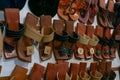 Pairs of nice Rajasthani mens` shoes, at display for sale. Jaisalmer, Rajasthan, India