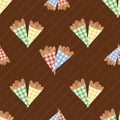 Pairs of roasted almond nuts in cute gingham paper bags vector seamless pattern background. Oval kernel shells repeat on