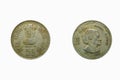 50 paise Indian coin currency, behind Indira Gandhi inprint, studio shot