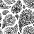 Paisley buta doodle monochrome line art seamless pattern vector