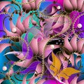 Paisley colorful 3d seamless pattern. Vector glowing bright background. Abstract shapes, lines, flowers, flying butterflies.