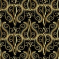 Paisley floral gold 3d seamless pattern. Patterned vector background. Abstract doodle paisley flowers, swirl leaves, lines.