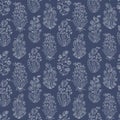 Paisley flower bunch outline seamless pattern on dark blue background.