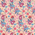 Paisley indian motif. Beautiful seamless pattern with fantasy flowers and butterlies, branches and leaves in folk style. Royalty Free Stock Photo