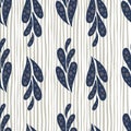 Paisley seamless pattern with abstract doodle navy blue oriantal cucumber shapes. Striped background