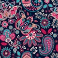 Paisley seamless pattern. Colorful flowers wallpaper. Pink stylized flowers on the dark background