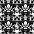 Paisley seamless pattern. Vector black and white floral background with patterned paisley flowers, swirls, dots, tulips, curve li