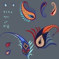 New vector elements of paisley plants and feathers, set Royalty Free Stock Photo