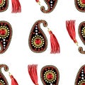 Paisleys patches seamless pattern with sequins, beads and fringe
