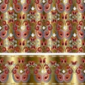 Paisleys Seamless Wallpaper Pattern And Border. Gold Ethnic Back