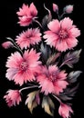 Paiting Watercolor bunch of pink flowers on a black background, rococo Royalty Free Stock Photo