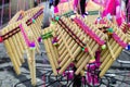 Paixiao or zampona ancient musical wind instrument on the street market, Wroclaw, Poland