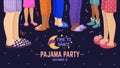 Pajama party background with casual slippers on human legs. Holiday relaxation, fun nightwear shoes. Night partying for