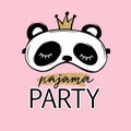 Pajama party card. Cute panda with crown sleep mask. Blindfold Invitation Template, banner, t-shirt print. Golden