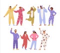 pajama party characters. people dressed in kigurumi pajamas, cartoon characters having fun dressed in pajama. vector