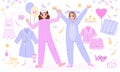 Pajama party elements. Girls wear bedtime costumes, pajamas and bathrobe. Home celebrate items, candles, slippers and