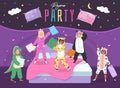 Pajama party. Happy children fight with pillows, kids animals costumes party, boys and girls jump on bed friends