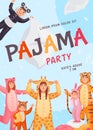 Pajama party invitation. Child teenager and adult people invite friends on sleepover in pyjamas onesie, nightwear