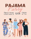 Pajama party invitation on flyer. Poster design inviting to pyjama home event with women in sleepwear. Vertical card