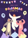 Pajama party invitation poster template. Characters with onesies and kigurumi costumes play pillow fight and have fun