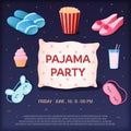 Pajama party invite. Kids night. Female slumber or sleepover. Fashion sleepwear. Home holidays. Pillow and sleeping