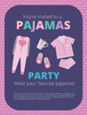 Pajama party poster. Invitation for night party kids and parents nightwear casual clothes great bed party vector Royalty Free Stock Photo