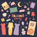 Pajama party set. Sleepover slumber party for girls. Holiday. Vector illustration in cartoon style