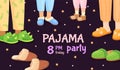 Pajama party. Sleepover invite for kids holiday birthday night, child friends feet in pajamas pants funny slipper pyjama