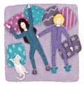 Pajama party, two girls and a cat are lying on the bed with pillows, cute illustration Royalty Free Stock Photo