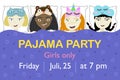 Pajama party. Vector pajama party invitation and poster template. Four girls of different nationalities wearing sleep