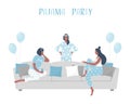Pajama party. Young women in blue pajamas are sitting on the couch and talking. Blue balloons here. Slumber party Royalty Free Stock Photo