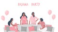 Pajama party. Young women in pajamas are sitting on the couch and talking. Some women are standing near the sofa