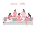 Pajama party. Young women in pajamas are sitting on the couch and talking. Some women are standing near the sofa Royalty Free Stock Photo