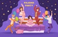 Pajamas party. Cartoon background with sleep time event with funny characters playing games and fighting with pillows