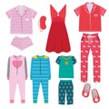 Pajamas. Textile night clothes for kids and parents sleepwear bedtime pajamas vector colored pictures